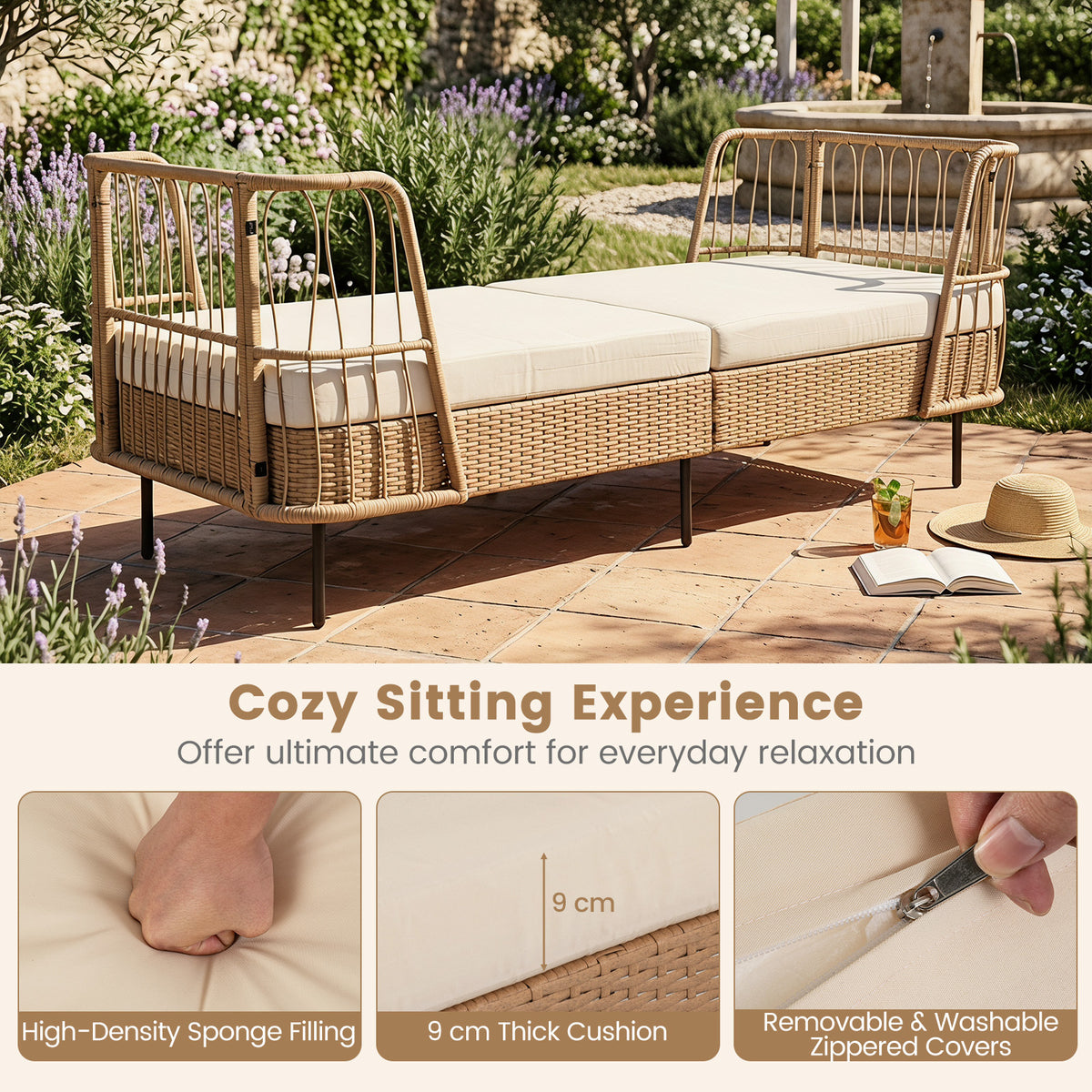 Outdoor PE Wicker Daybed with Soft Padded Sponge and Zippered Cushions-Beige