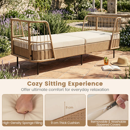 Outdoor PE Wicker Daybed with Soft Padded Sponge and Zippered Cushions-Beige