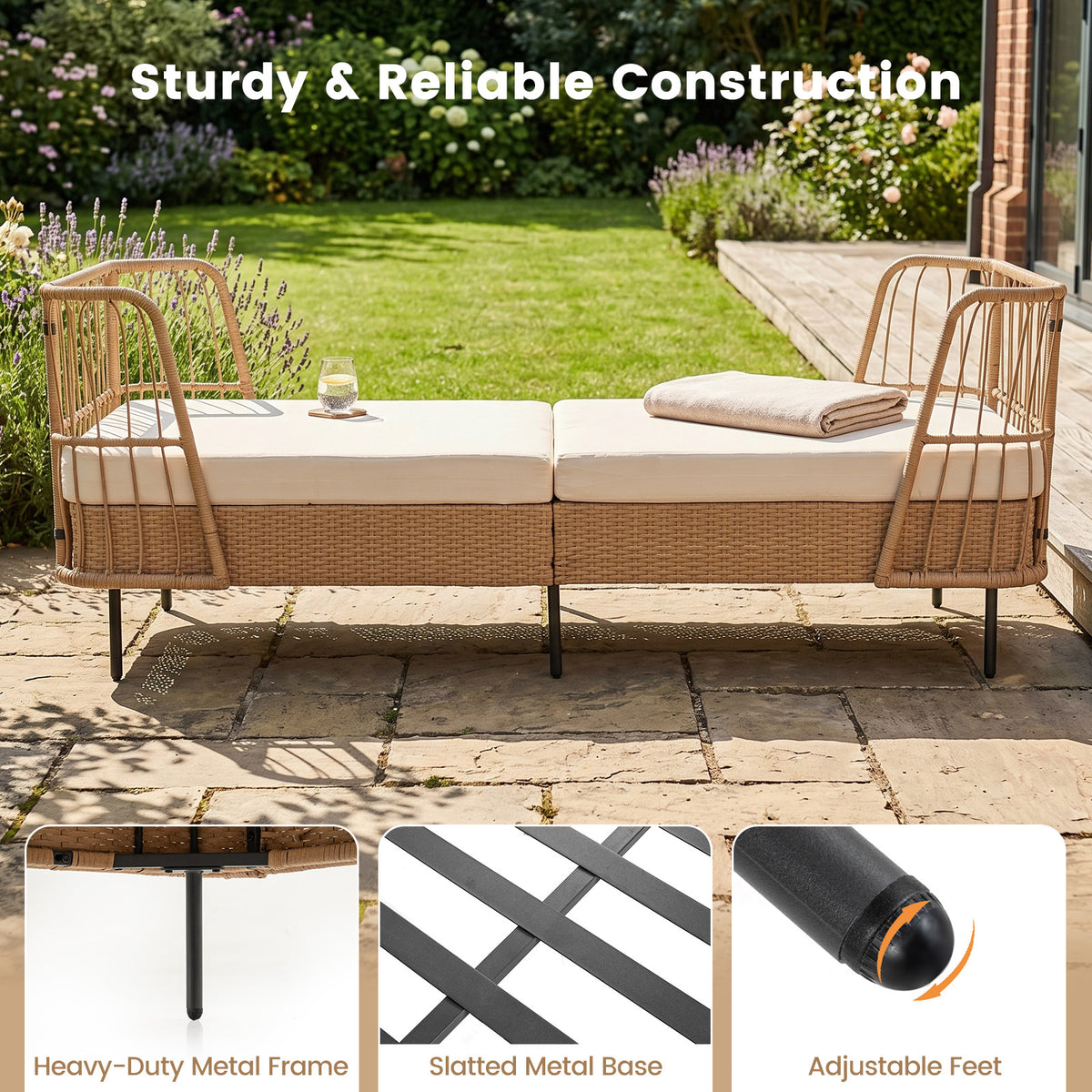 Outdoor PE Wicker Daybed with Soft Padded Sponge and Zippered Cushions-Beige
