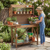 Outdoor Potting Bench Table Wooden Garden Workstation with Sliding Tabletop-Brown