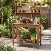 Outdoor Potting Bench Table Wooden Garden Workstation with Sliding Tabletop-Brown