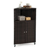Outdoor Rattan Storage Cabinet with Shelves and 2 Doors and Lockable Wheels for Patio-Brown