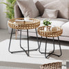 Outdoor Round Side Table Set of 2 in Different Sizes PE Wicker Tables with Sturdy Metal Frames-Brown