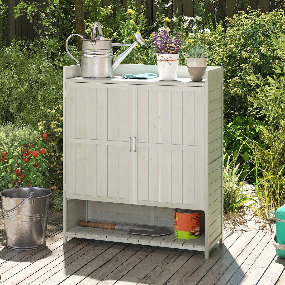 Outdoor Solid Wood Potting Bench with Storage Removable Shelves-Grey