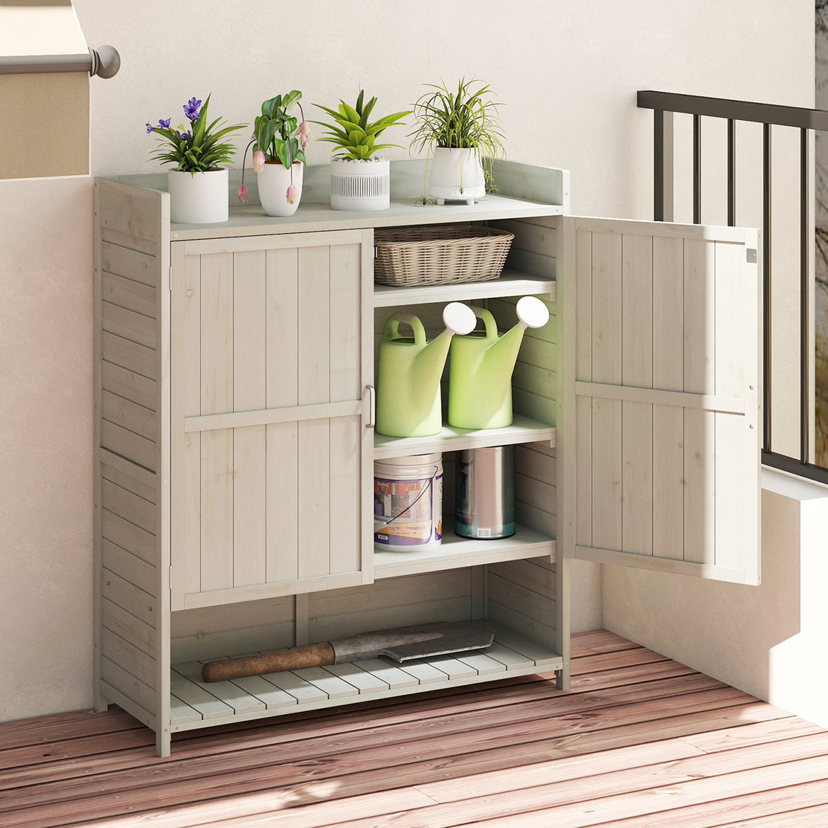 Outdoor Solid Wood Potting Bench with Storage Removable Shelves-Grey