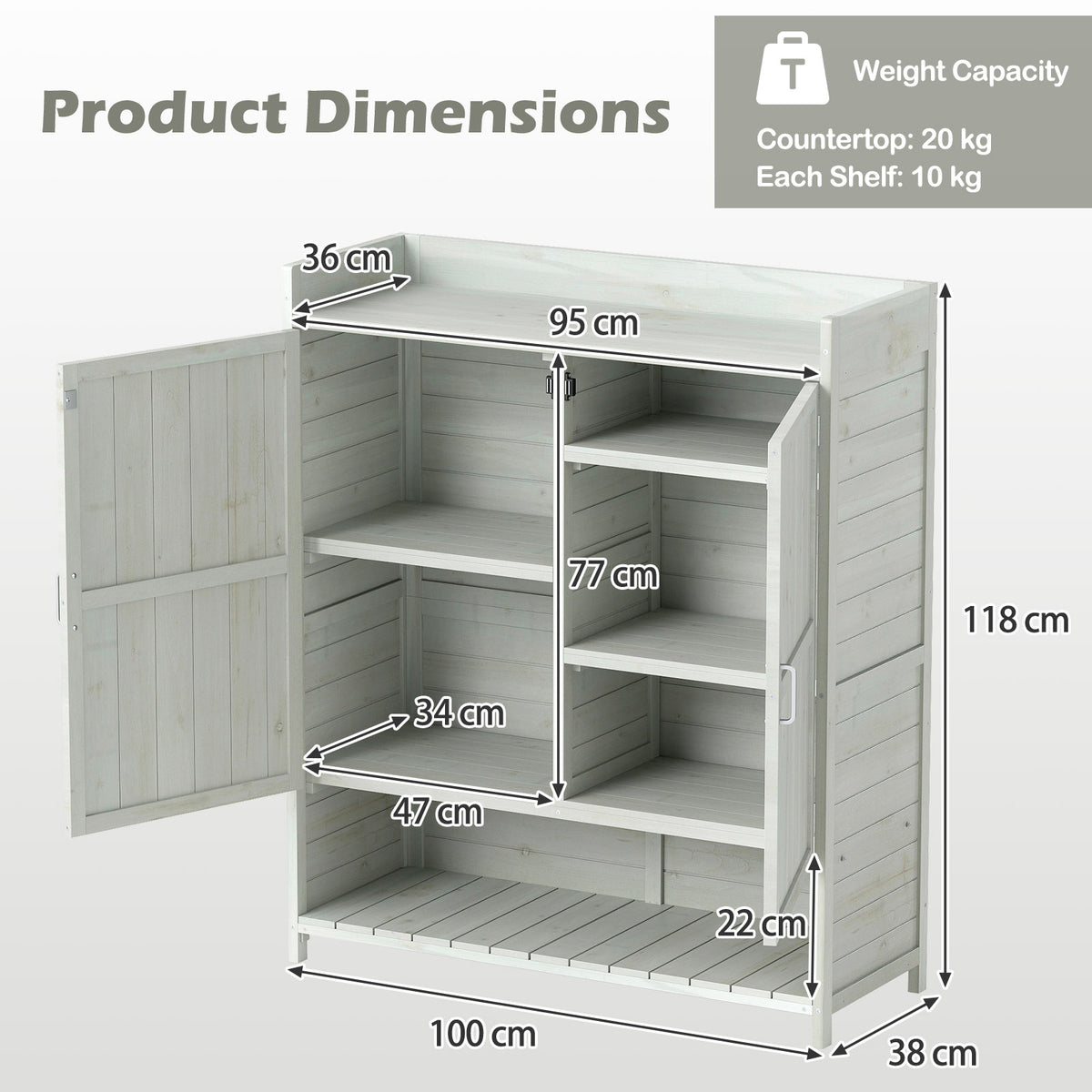 Outdoor Solid Wood Potting Bench with Storage Removable Shelves-Grey
