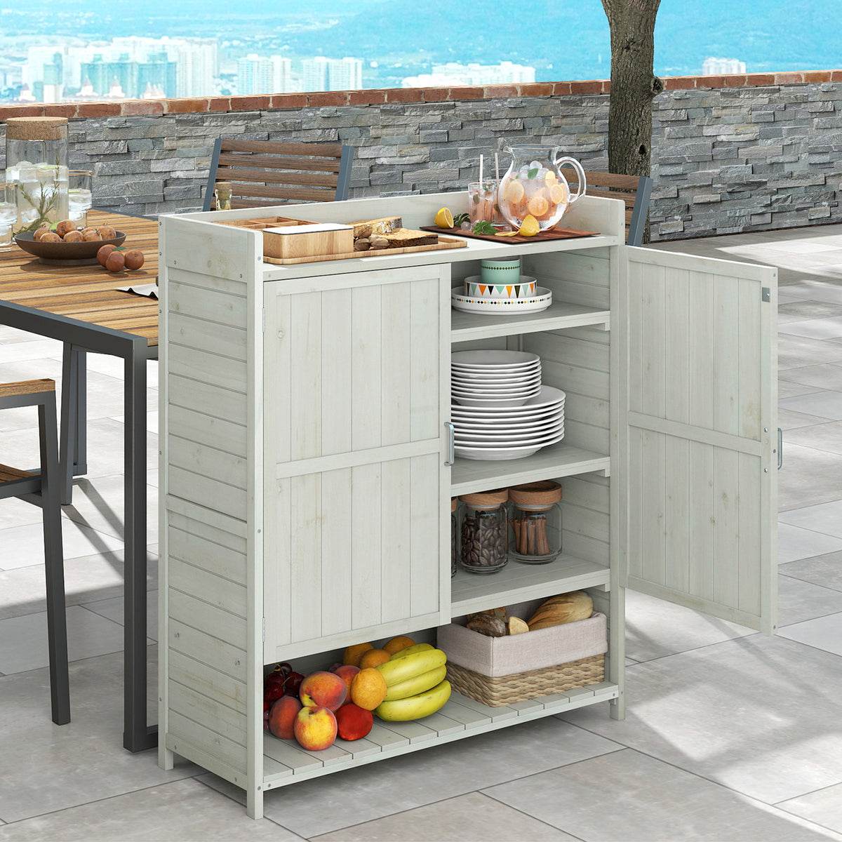 Outdoor Solid Wood Potting Bench with Storage Removable Shelves-Grey