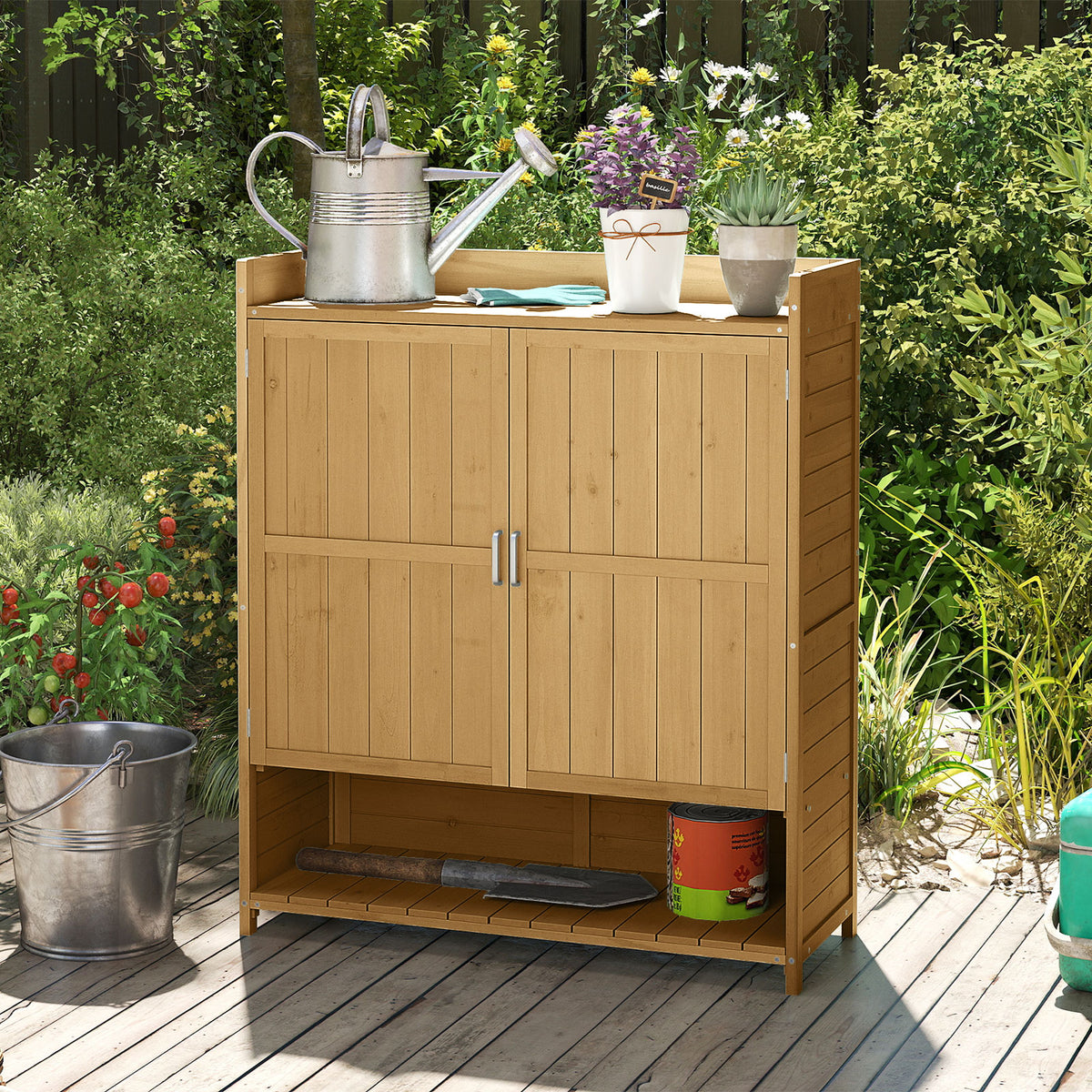 Outdoor Solid Wood Potting Bench with Storage Removable Shelves-Natural