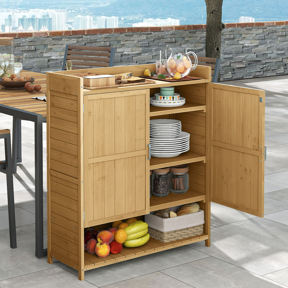 Outdoor Solid Wood Potting Bench with Storage Removable Shelves-Natural