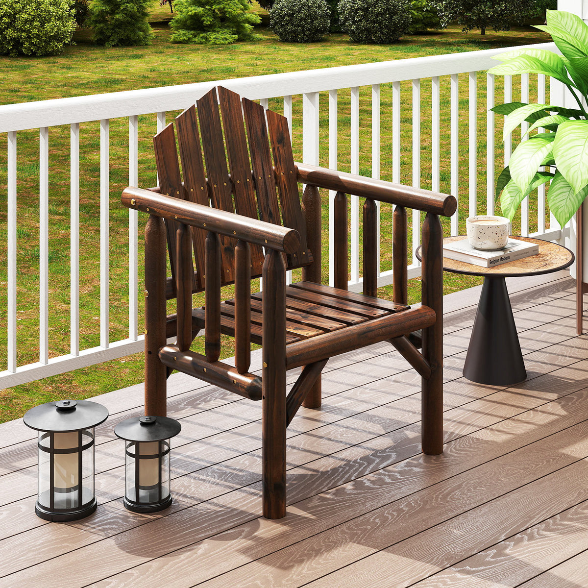 Outdoor Wood Armchair Dining Chair with Armrests and Reclined High Backrest-Brown