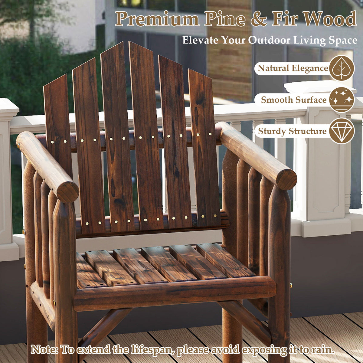 Outdoor Wood Armchair Dining Chair with Armrests and Reclined High Backrest-Brown