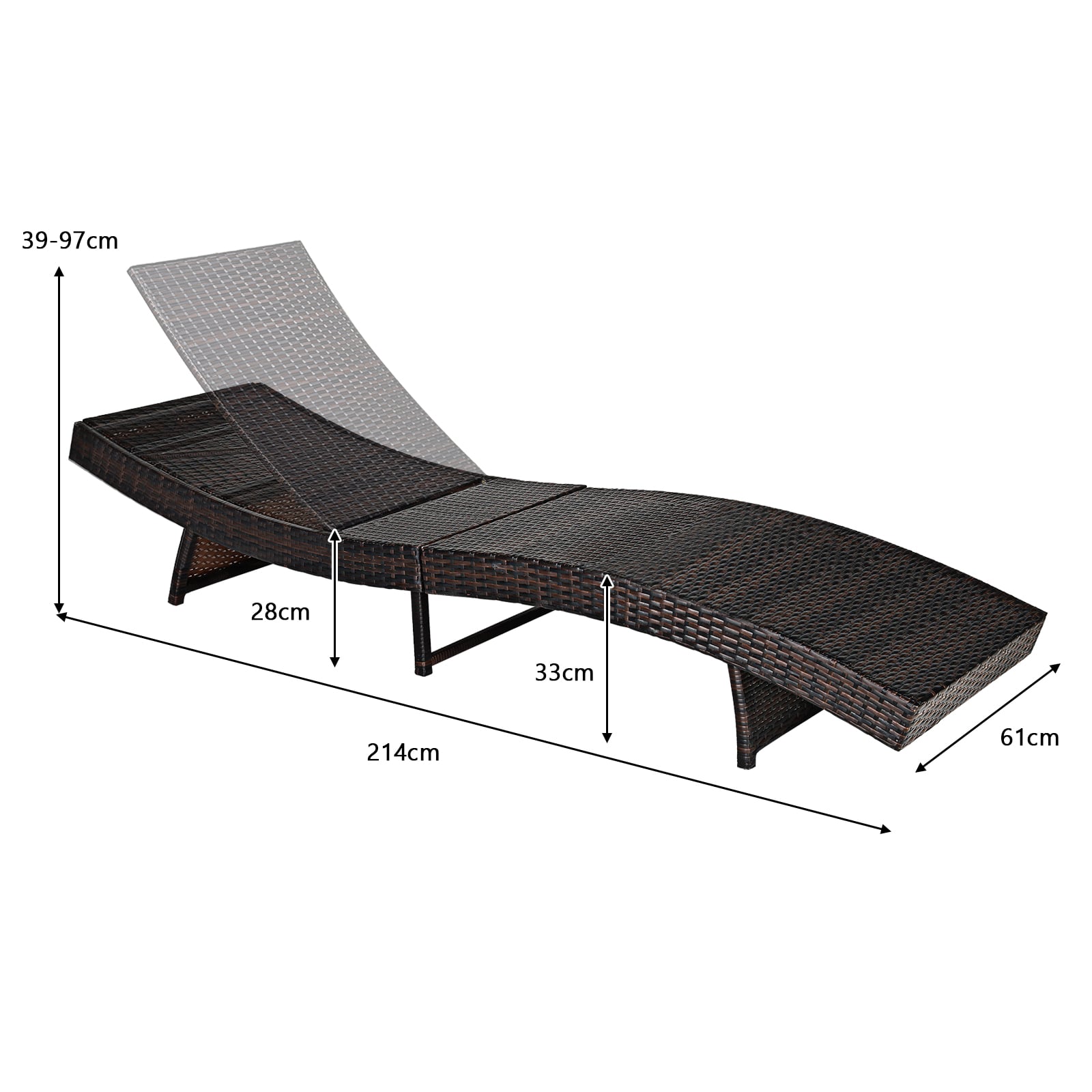 Outdoor Adjustable Folding Chaise Lounge with Removable Thick Cushion-Grey
