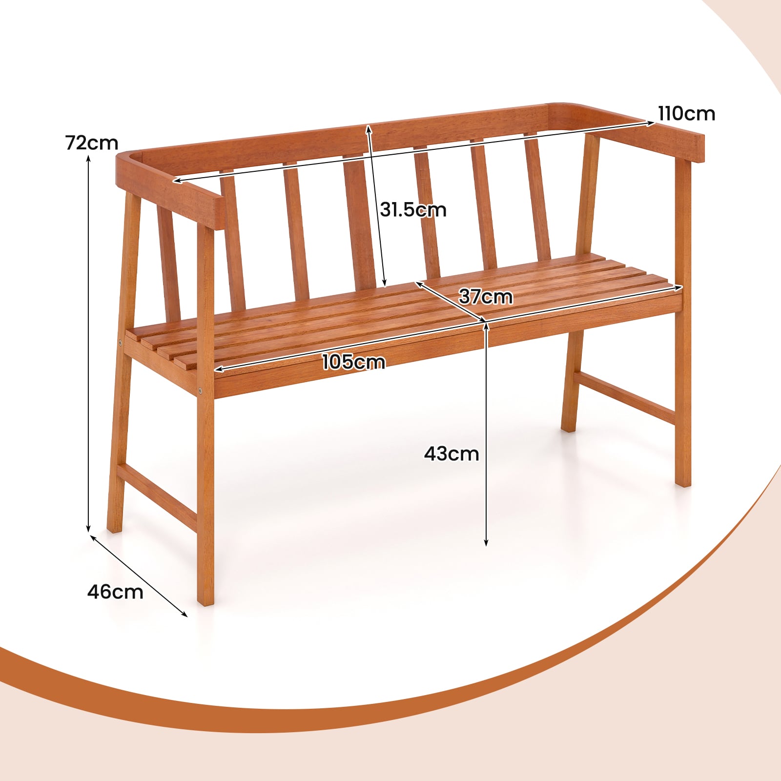 2-Person Outdoor Bench with Ergonomic Backrest and Armrests for Yard