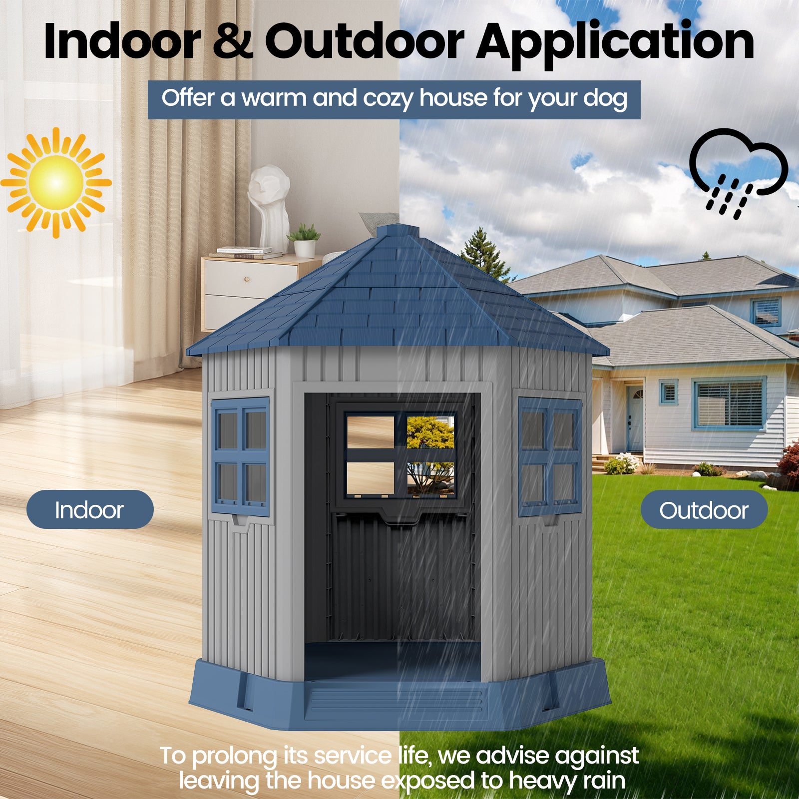 Outdoor Dog House with 2 Windows and Skylight for Small Medium Dogs-Blue