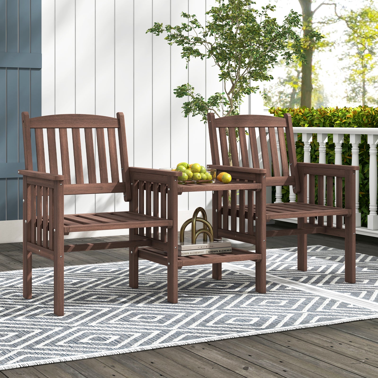 Outdoor Fir Wood Loveseat with 2-Tier Side Table and Umbrella Hole-Brown