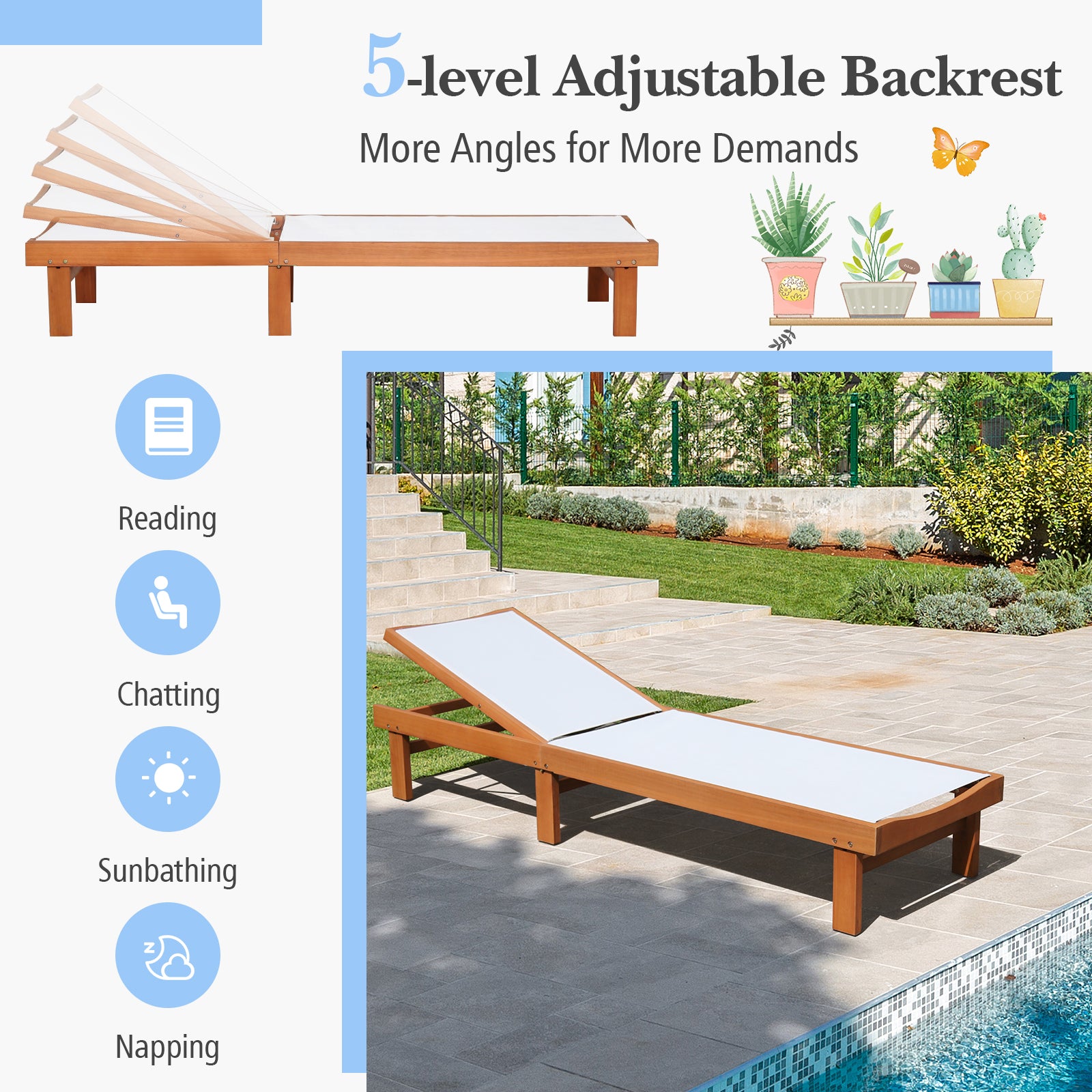Outdoor Patio Fabric Chaise Lounge Chair 5-Position Recliner