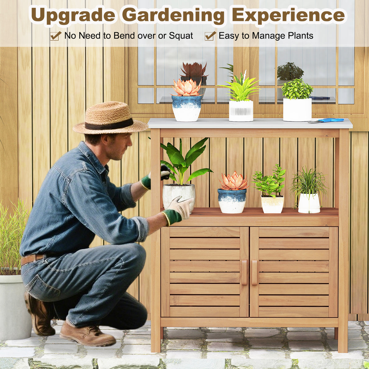 Outdoor Potting Bench with Resin Tabletop and Storage Shelf