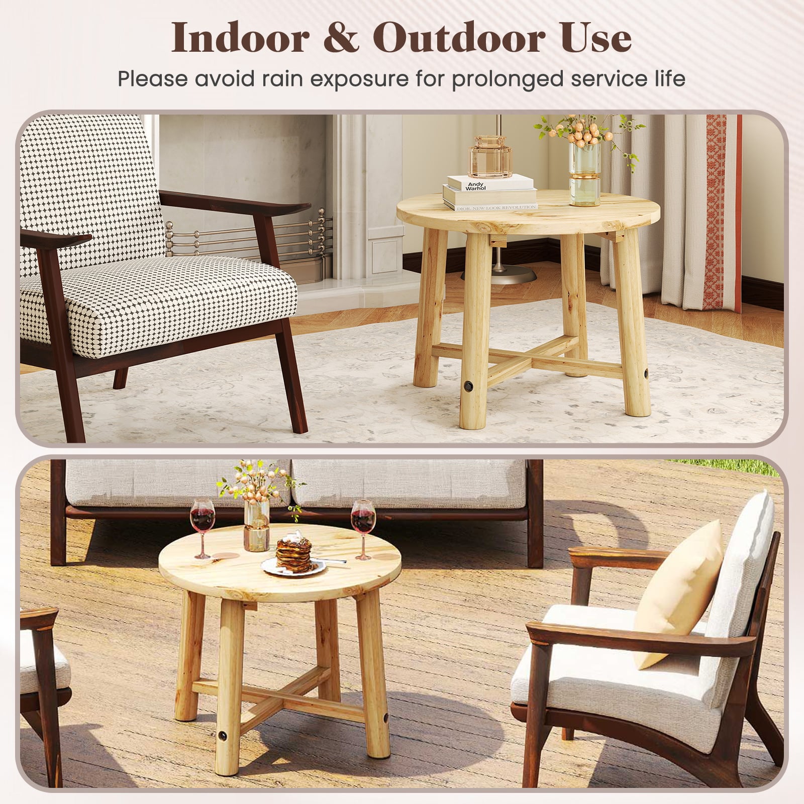 Outdoor Side Table Patio End Table with Solid Wood Structure-Natural