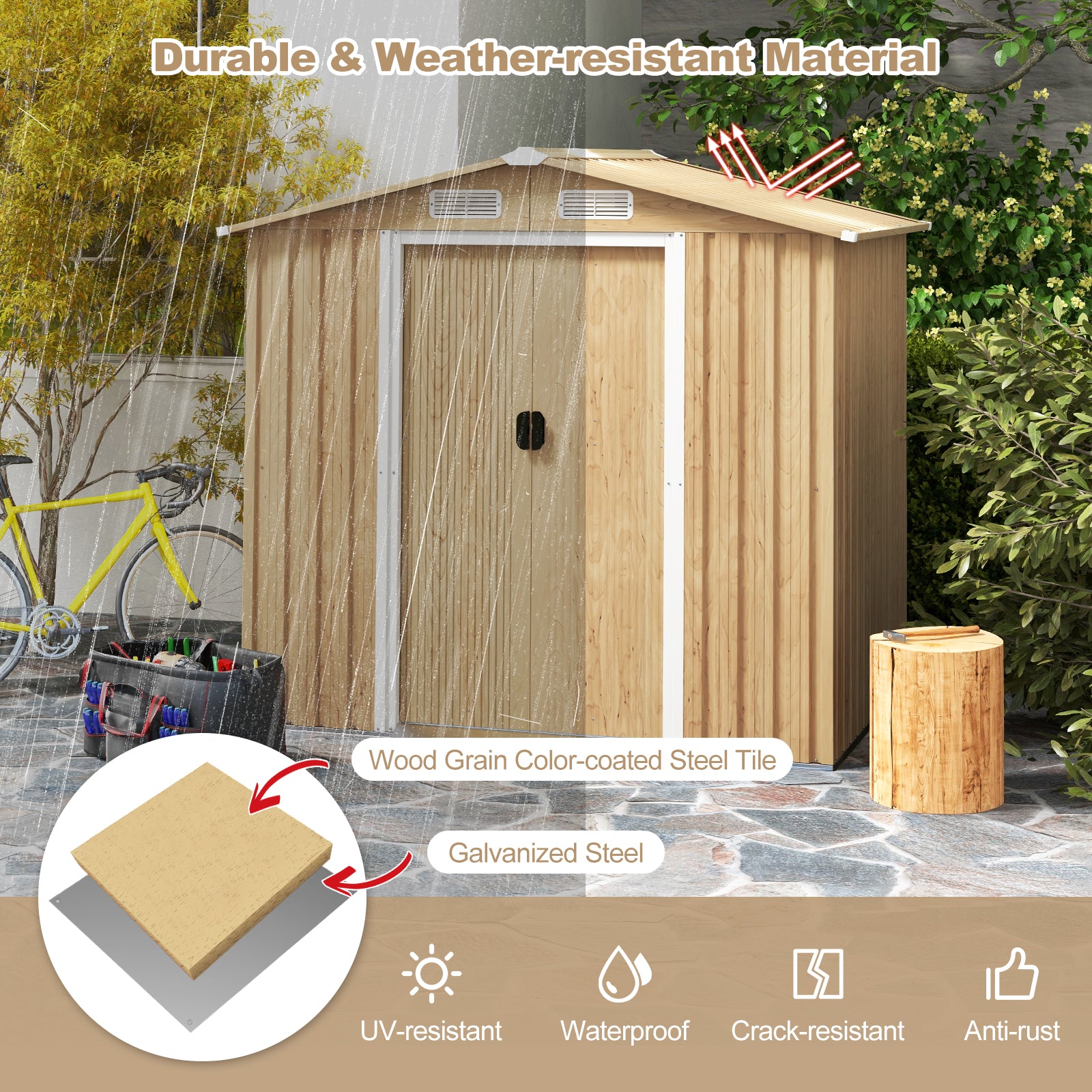 Outdoor Storage Shed with 4 Vents and Lockable Doors-Natural