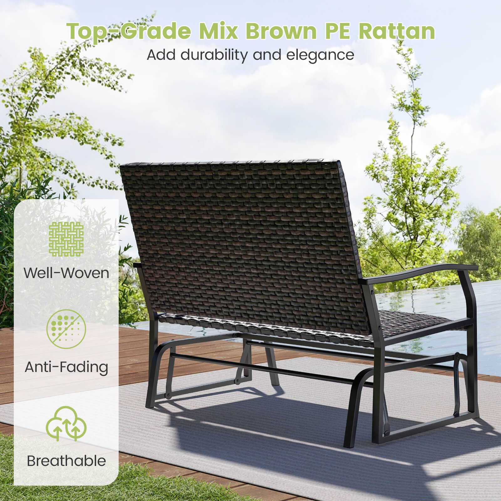 Outdoor Swing Glider Bench 2-Person Rattan Woven Glider Loveseat-Brown