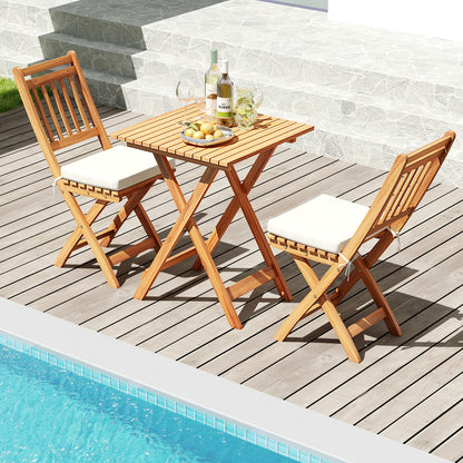 3 Pieces Outdoor Acacia Wood Bistro Set with Seat Cushions and High Back Armless Chairs-Vertical-Slatted Back