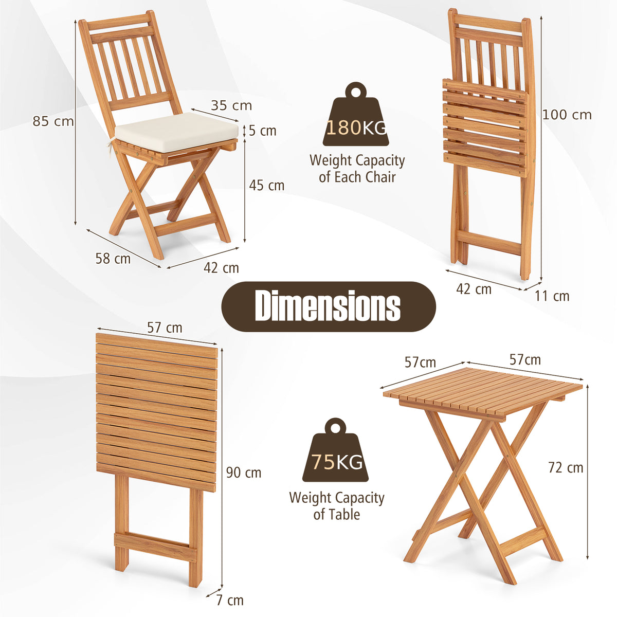 3 Pieces Outdoor Acacia Wood Bistro Set with Seat Cushions and High Back Armless Chairs-Vertical-Slatted Back