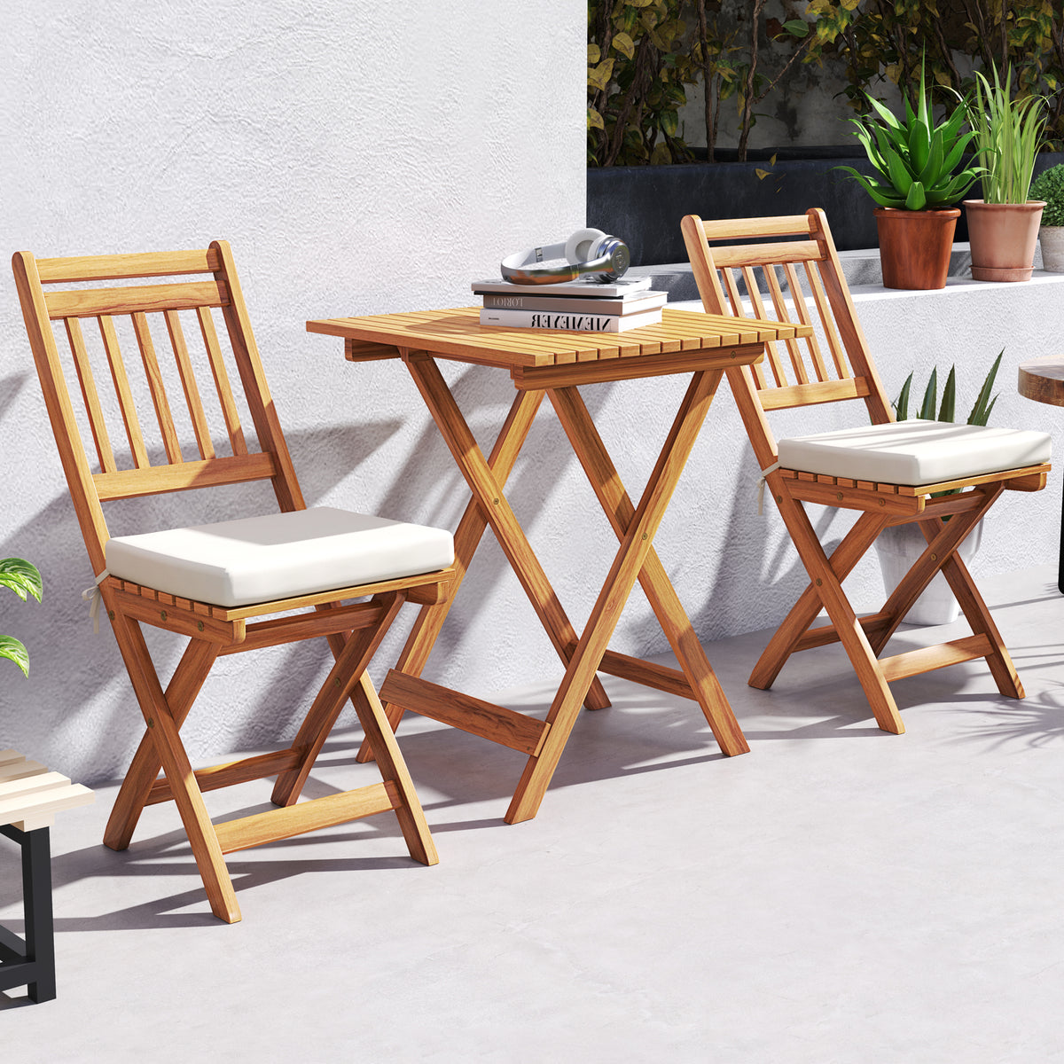 3 Pieces Outdoor Acacia Wood Bistro Set with Seat Cushions and High Back Armless Chairs-Vertical-Slatted Back