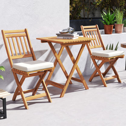 3 Pieces Outdoor Acacia Wood Bistro Set with Seat Cushions and High Back Armless Chairs-Vertical-Slatted Back