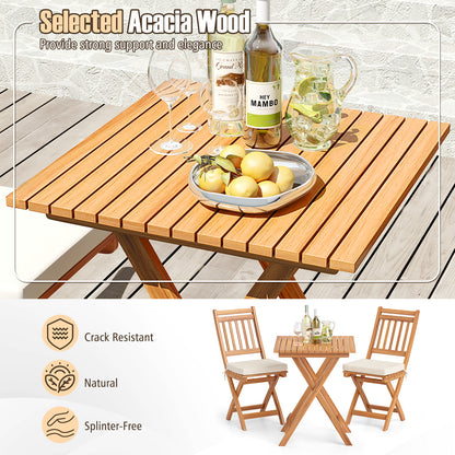 3 Pieces Outdoor Acacia Wood Bistro Set with Seat Cushions and High Back Armless Chairs-Vertical-Slatted Back