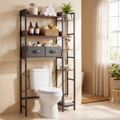 Over Toilet Storage Rack with 2 Fabric Drawers and 4 Hooks for Bathroom-Rustic Brown