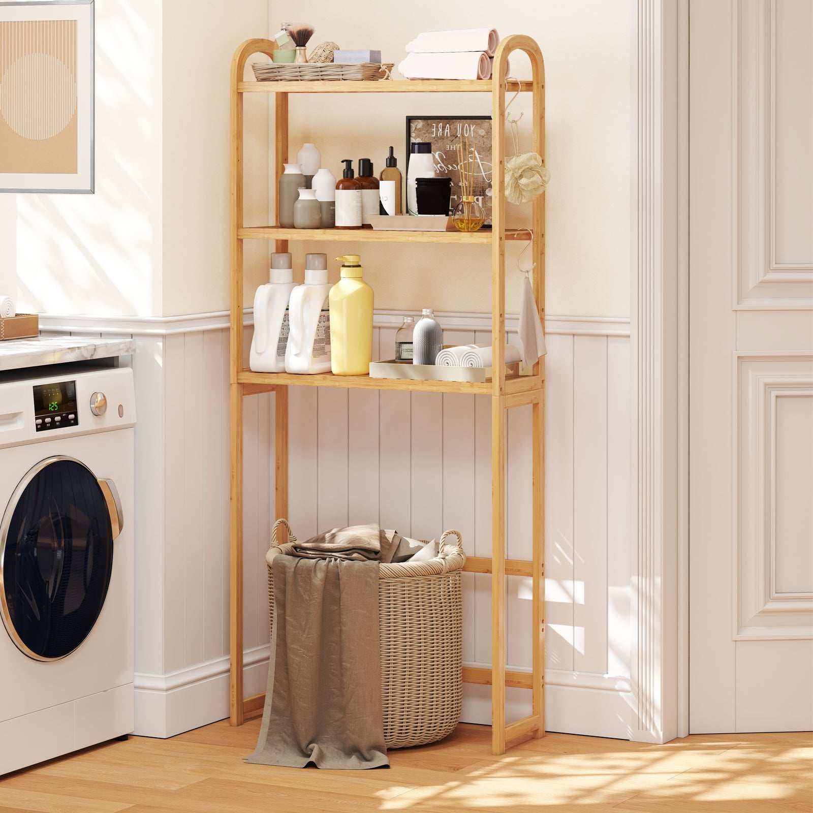 Over the Toilet Storage Rack 3-Tier Bamboo Bathroom Floor Organizer-Natural