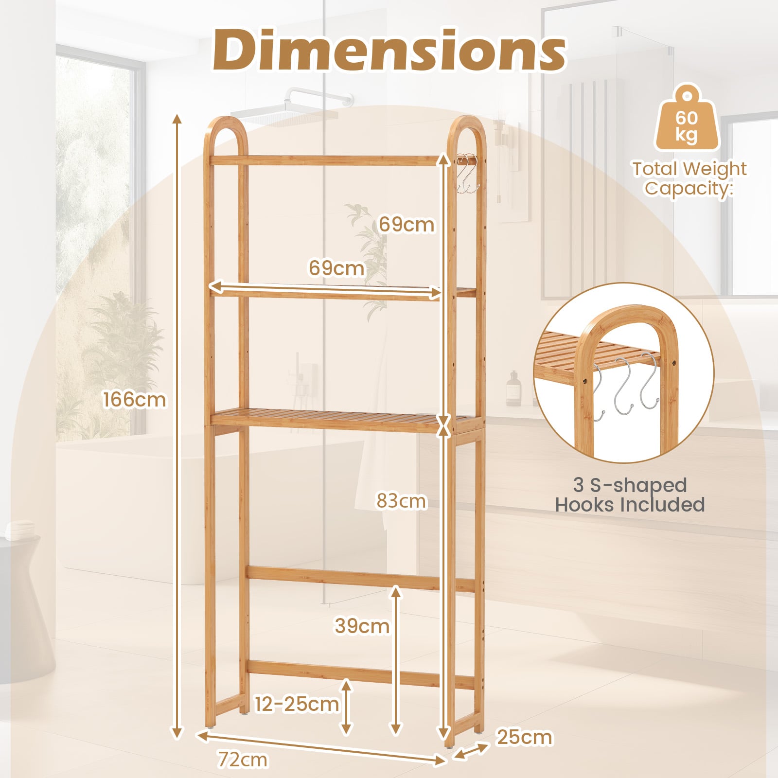 Over the Toilet Storage Rack 3-Tier Bamboo Bathroom Floor Organizer-Natural