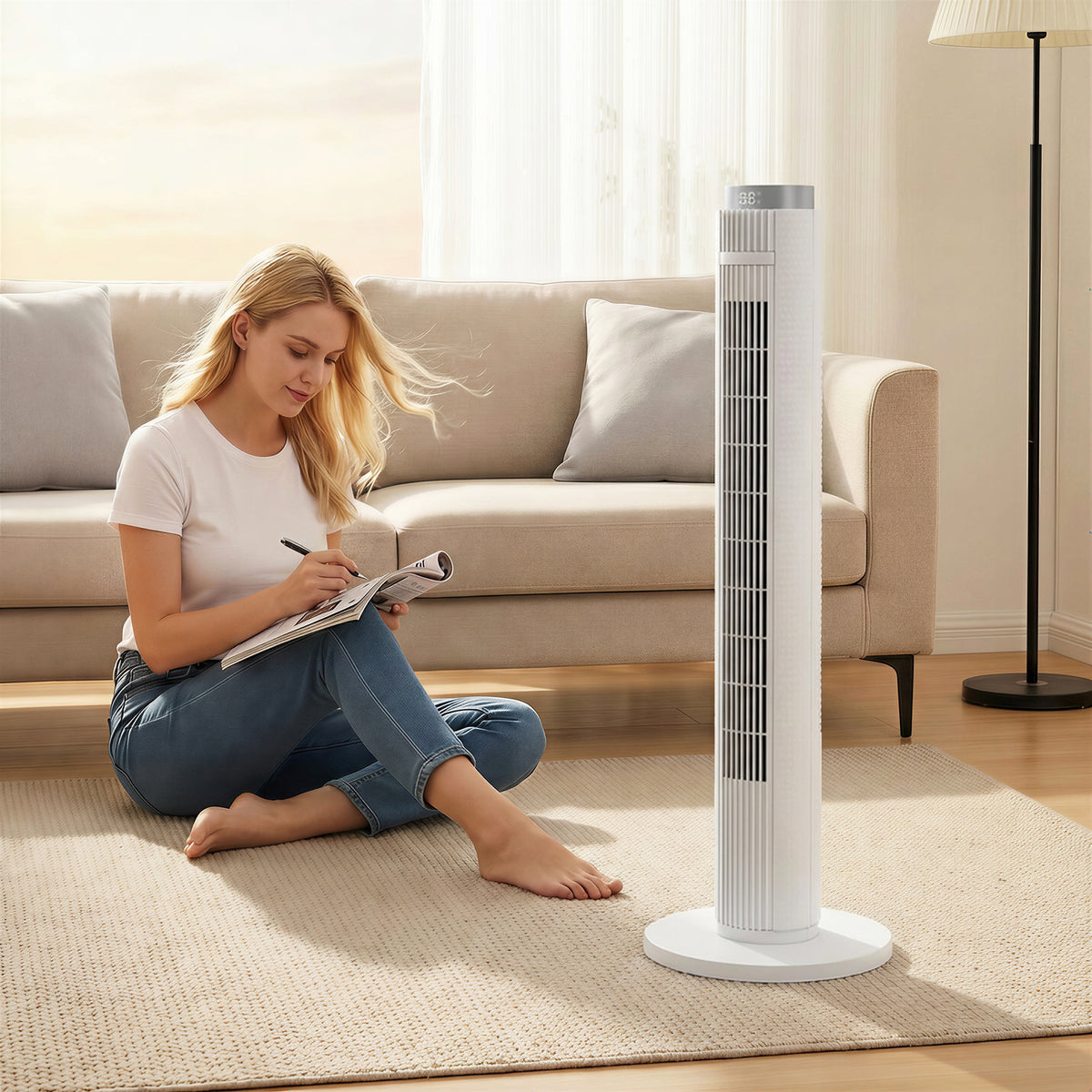 HOMCOM 96 cm Tower Fan with WiFi App Control in Light White