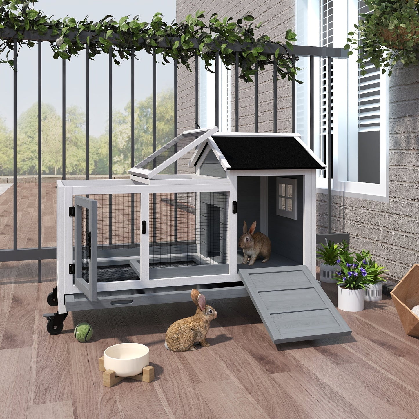 PawHut Wooden Rabbit Hutch, Guinea Pig Cage, with Removable Tray, Wheels - Grey