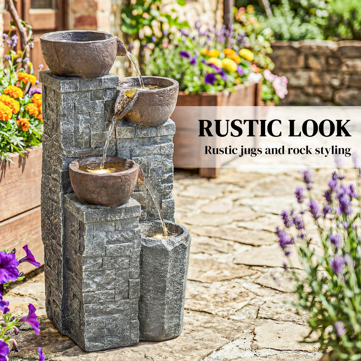 Outsunny 4-Tier Outdoor Fountain, Cascading Waterfall, Garden Fountain with LED Lights, Adjustable Flow, Grey and Rustic Brown