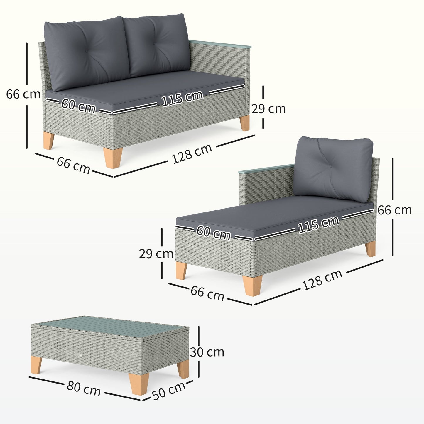 طقم أثاث حديقة من 3 قطع من Rattan Outsunny، أثاث استرخاء بشكل حرف L للحديقة مع طاولة قهوة بسطح خشبي ووسائد سميكة، رمادي فحم