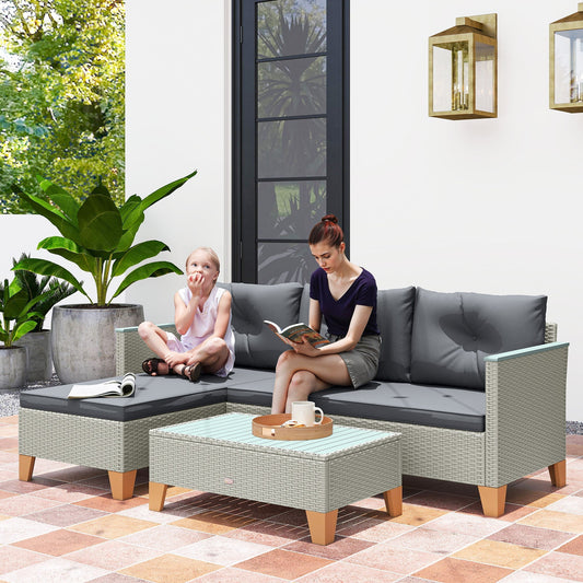 طقم أثاث حديقة من 3 قطع من Rattan Outsunny، أثاث استرخاء بشكل حرف L للحديقة مع طاولة قهوة بسطح خشبي ووسائد سميكة، رمادي فحم