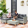 Outsunny 3 Pieces Rattan Garden Furniture Set, L Shaped Garden Conversation Chaise Lounge Furniture with Wood Top Coffee Table and Thick Cushions, Charcoal Grey