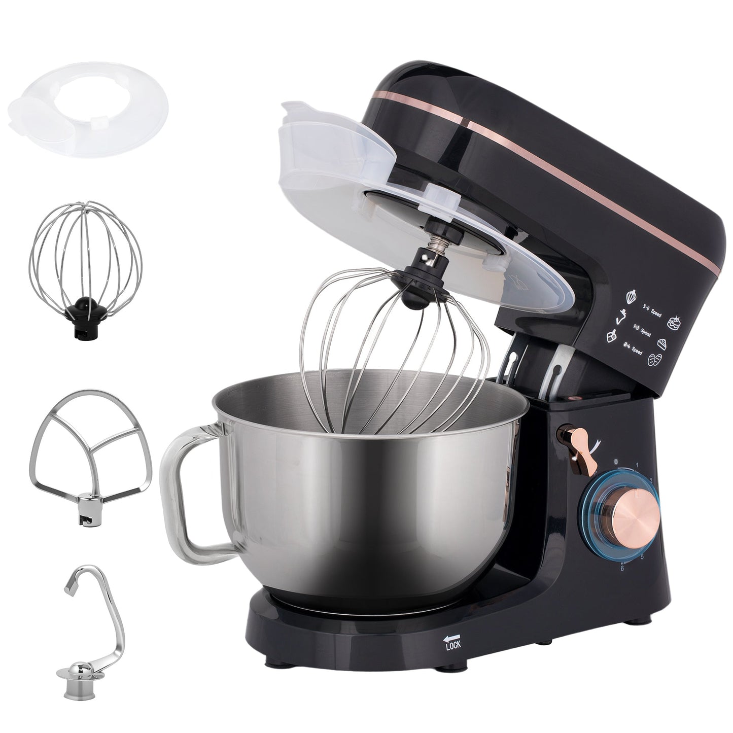 HOMCOM Stand Mixer, 5L Food Mixer for Baking, 6 Speeds and Pulse Setting, 1400W Cake Electric Kitchen Mixer with Dough Hook, Whisk, Stainless Steel Bowl, Splash Guard, Beater, Black