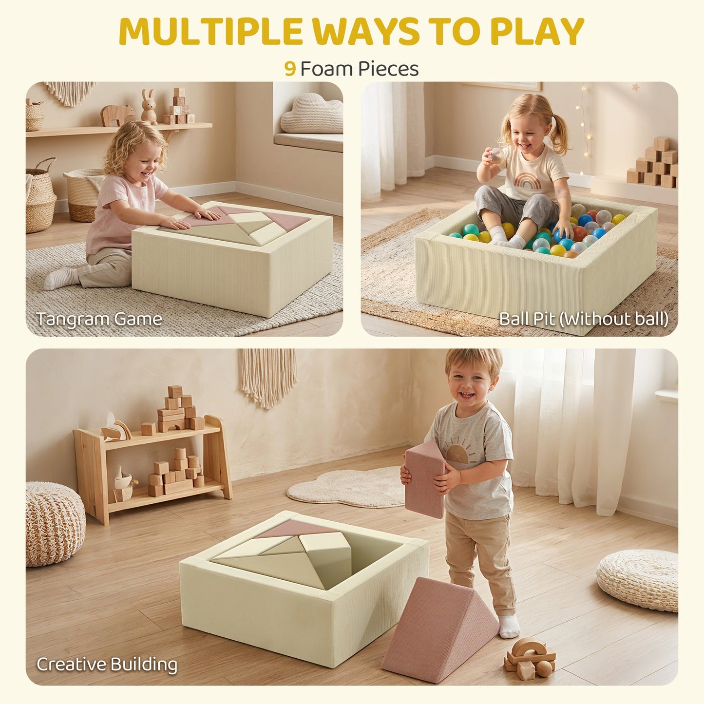 AIYAPLAY Soft Play 9 Piece Foam Climbing Blocks Soft Play Set with Tangram Play, Removable Cover for Kids Room, Ages 3-6 Years