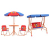 Outsunny 4 Piece Kids Garden Furniture Set with Adjustable Canopy, Cowboy Themed, Kids Garden Table and Chair Set and Double Seat Swing Chair for Patio Park Porch, for Ages 3-6 Years - Red and Blue