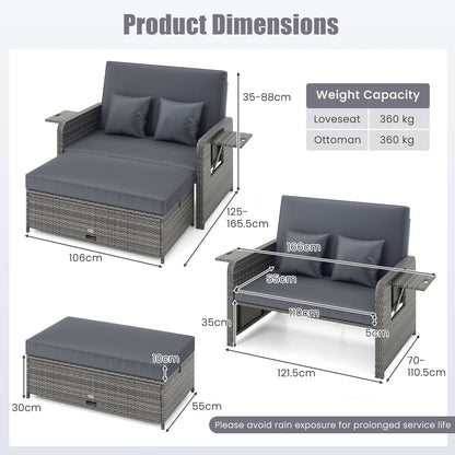 PE Wicker Outdoor Daybed with Loveseat and Ottoman for Poolside-Grey