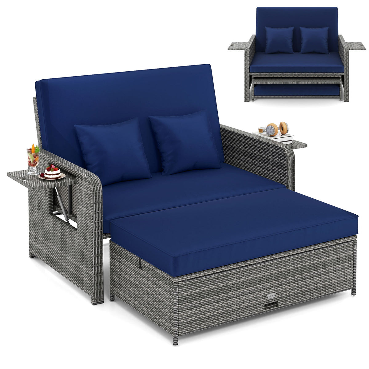 PE Wicker Outdoor Daybed with Loveseat and Ottoman for Poolside-Navy