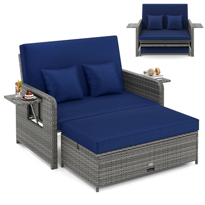 PE Wicker Outdoor Daybed with Loveseat and Ottoman for Poolside-Navy