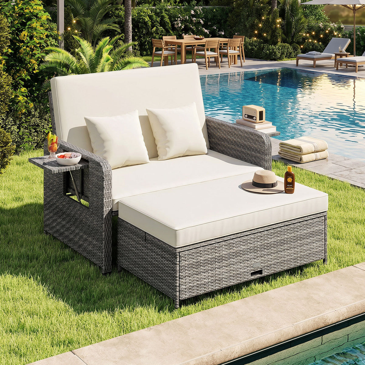 PE Wicker Outdoor Daybed with Loveseat and Ottoman for Poolside-White