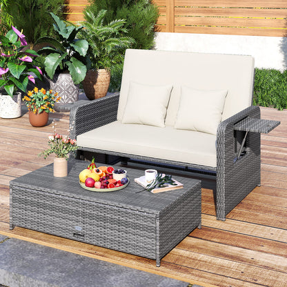 PE Wicker Outdoor Daybed with Loveseat and Ottoman for Poolside-White