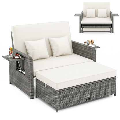 PE Wicker Outdoor Daybed with Loveseat and Ottoman for Poolside-White