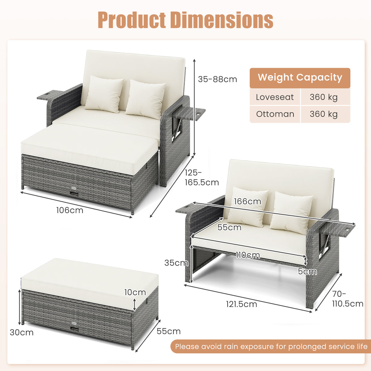 PE Wicker Outdoor Daybed with Loveseat and Ottoman for Poolside-White