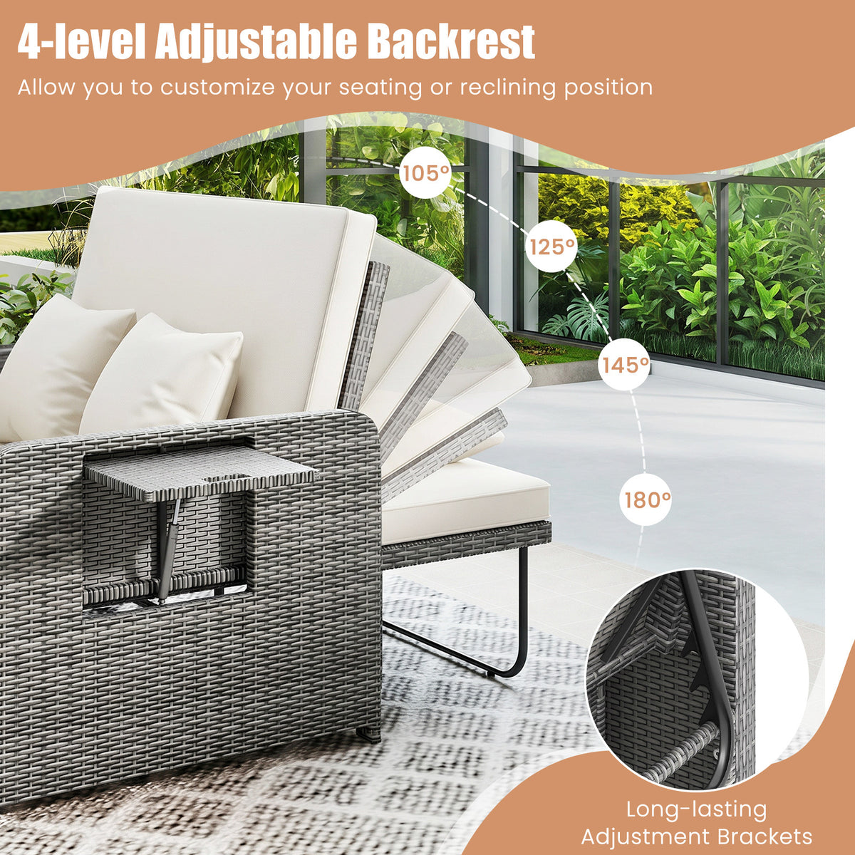 PE Wicker Outdoor Daybed with Loveseat and Ottoman for Poolside-White