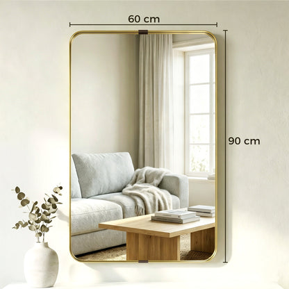 HOMCOM Rectangular Wall Mirror, 90 x 60 cm Wall Mounted Bathroom Mirror w/ Aluminium Alloy Frame and Tempered Glass, Gold Tone